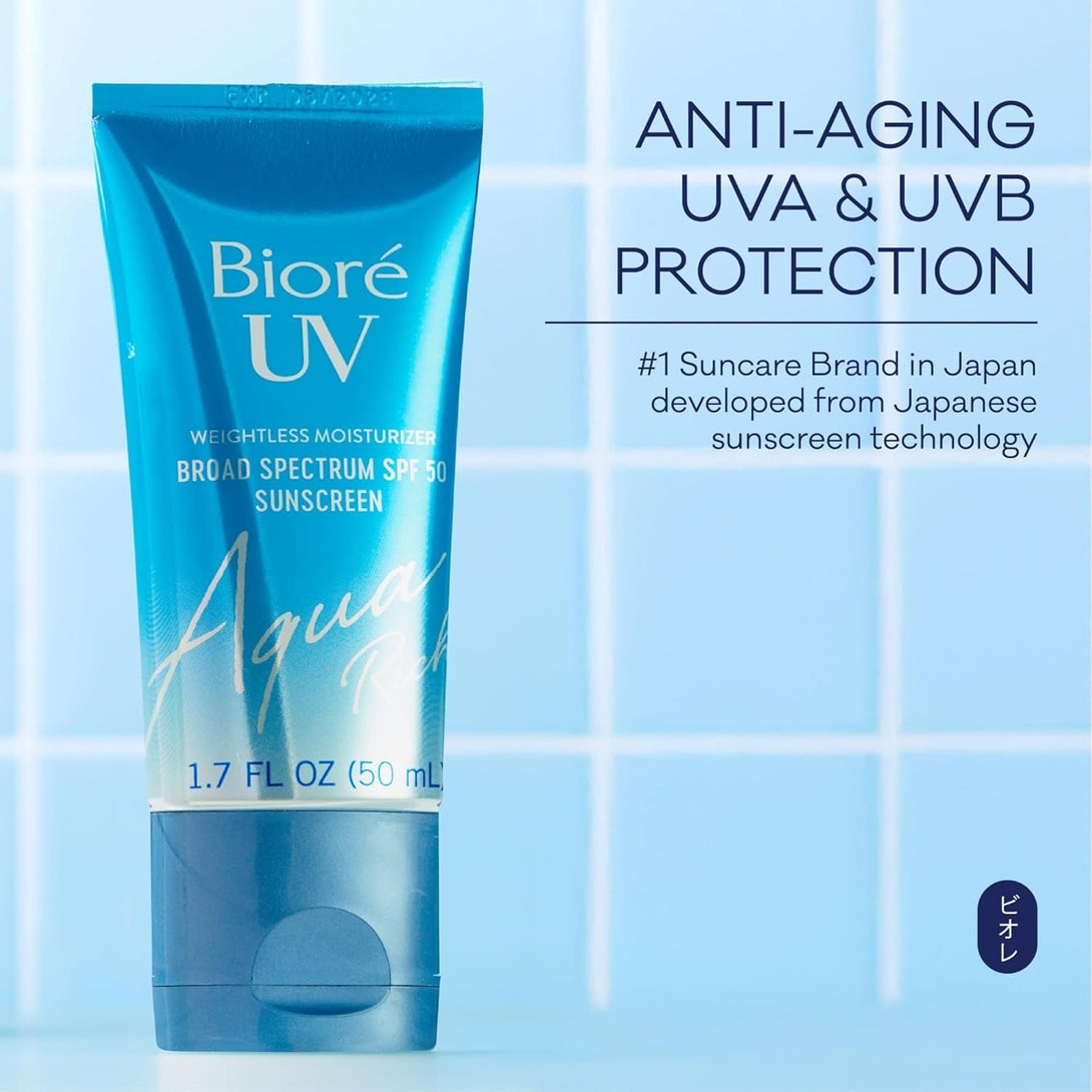 Bioré UV Aqua Rich Daily Hydrating Facial Moisturizer with SPF 50 | Oil Free Sunscreen & Primer for Makeup with Hyaluronic Acid, No White Cast, Non-Comedogenic, for Sensitive Skin, PA++++, 1.7 Oz