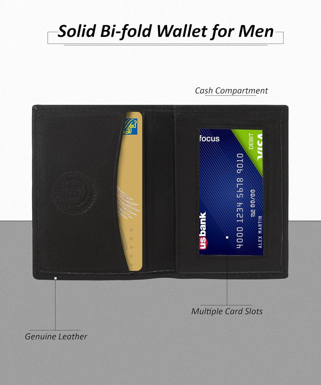 Leatherboss Genuine Leather Small Slim Bifold Wallet | Credit, Debit, ID Card Holder | Compact & Stylish with Clear ID Windows | Gift for Men, Black