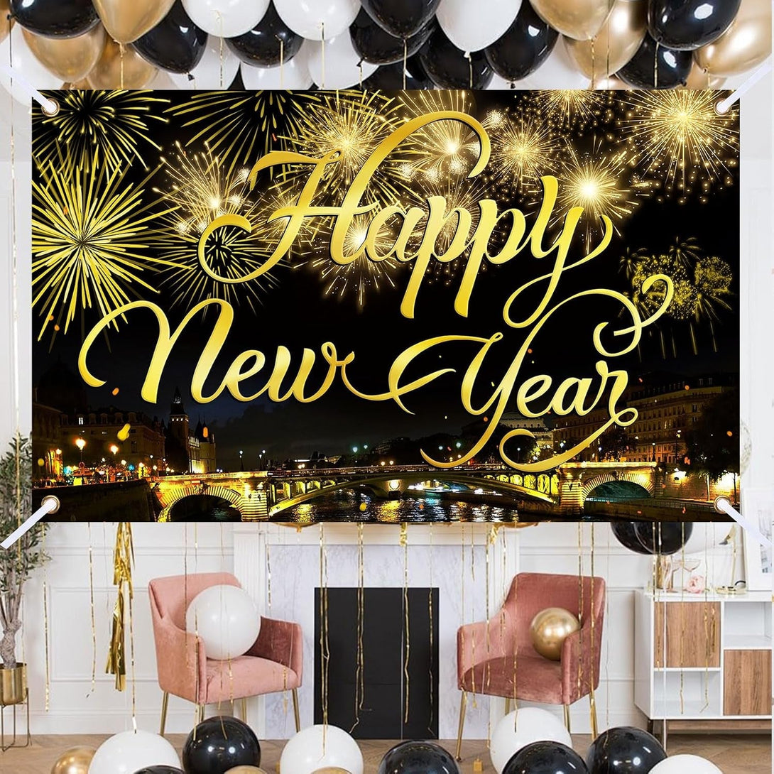 Happy New Year Party Backdrop Fabric Sign Poster Banner with Pattern Firework for New Year Party Decoration Photo Props Background Supplies