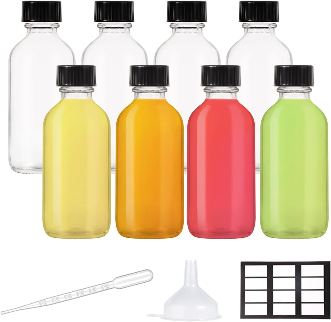 8 Pack, 2 Oz Small Clear Glass Bottles with Lid and Funnels - 60Ml Boston Shot Bottles with Caps, Immunity, Potion, Wellness, Sample, Ginger, Juice - Mini Personal Care & Beauty Travel Bottle