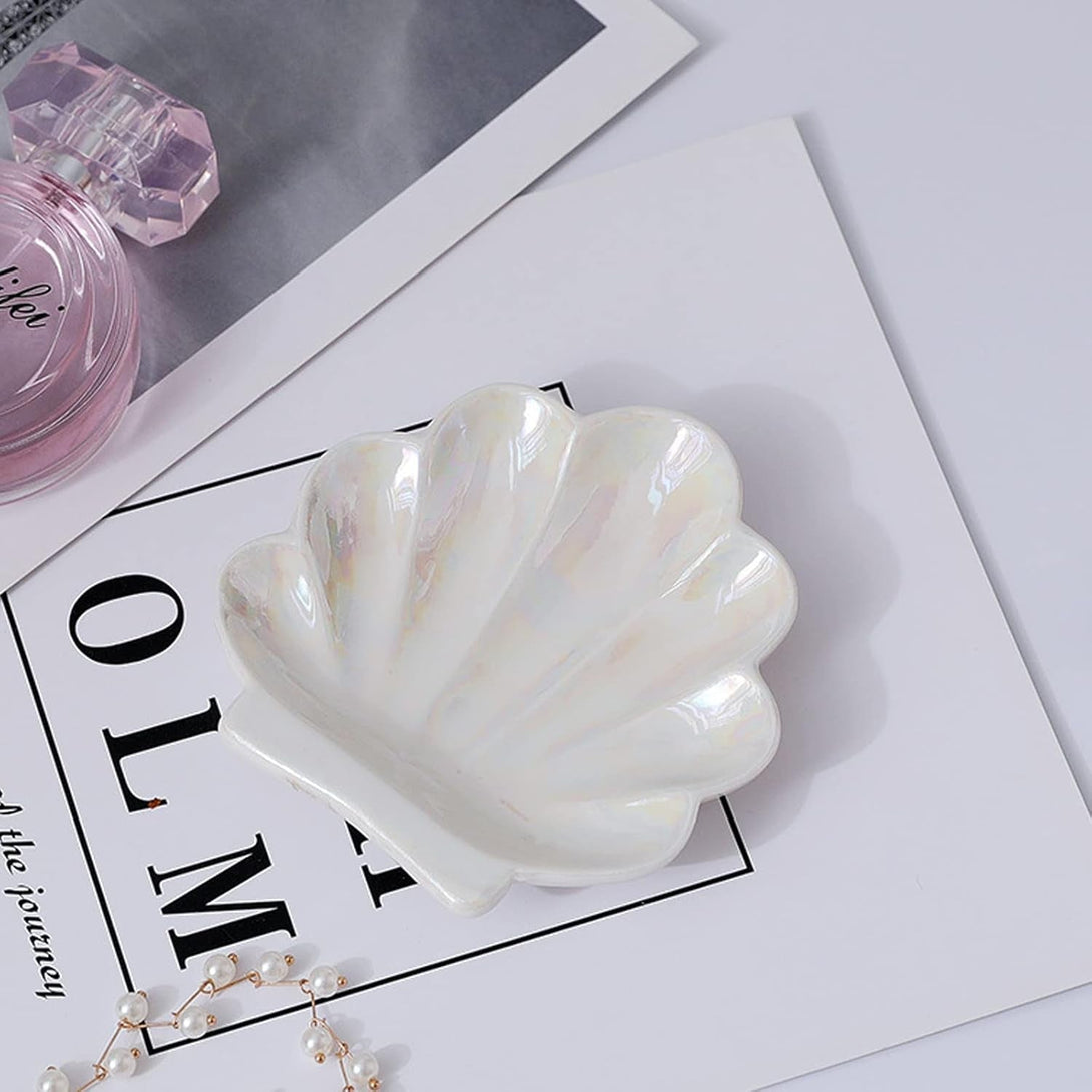 Shell Trinket Dish, Ceramic Ring Holder/Jewelry Tray, Cute Organizer Plate Vanity Decorations Accessories for Home Décor Bathroom