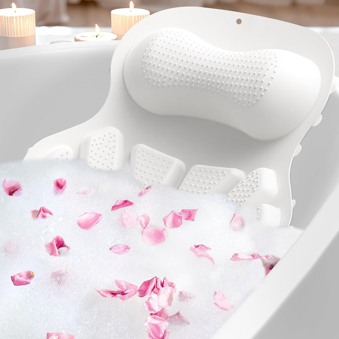 Bath Pillow Luxury Bathtub Pillow, Bath Pillows for Tub Head Neck and Back Support, Non-Slip Soft Silicon Bath Tub Pillow with Strong Suction Cup, Bath Accessories Spa Gifts, White