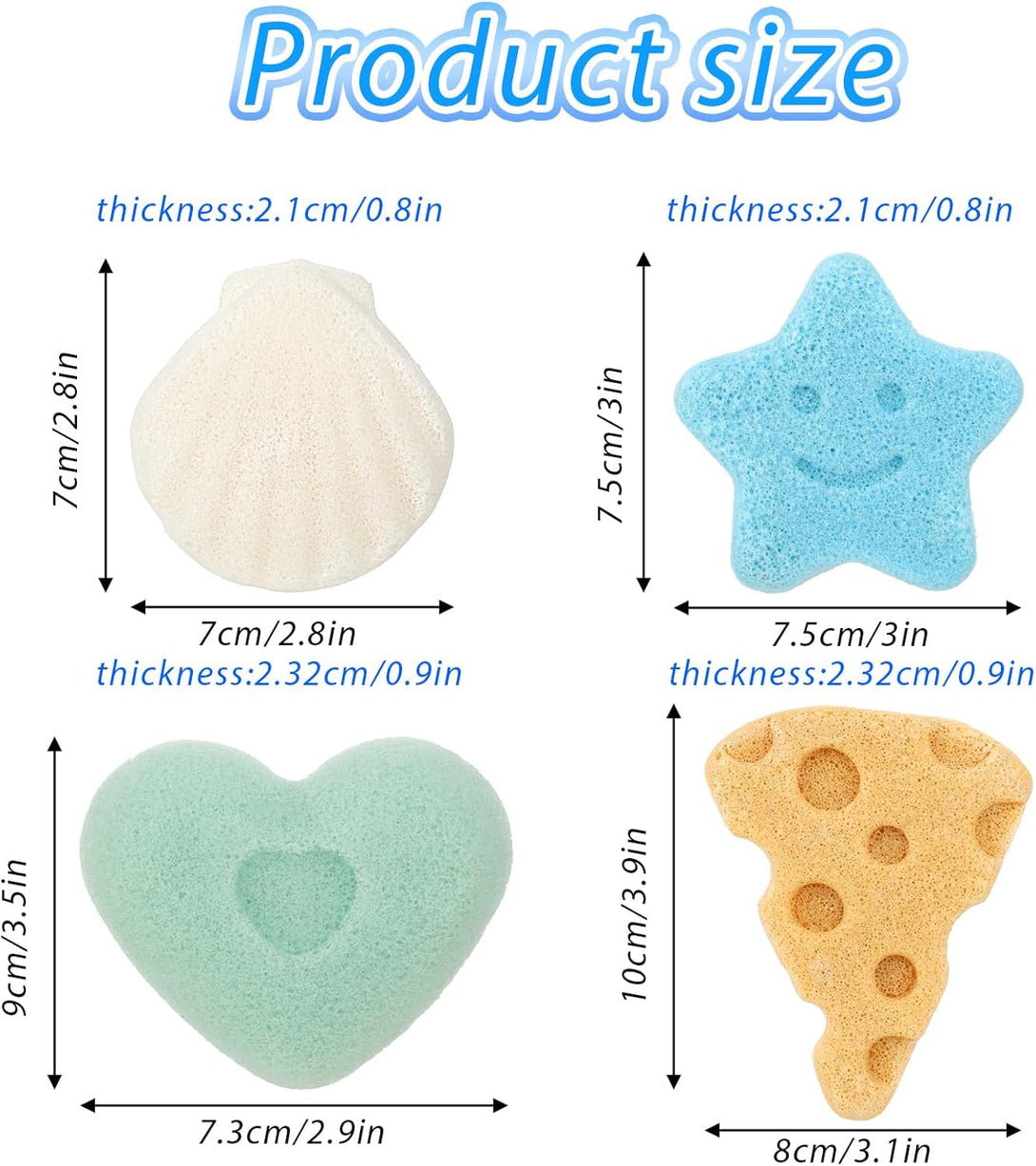4 Pcs Bath Sponges, Natural Soft Cute Shapes Safe Foam Loofah Plant-Based Lots of Lather Stars Cheese Shape Heart Large Size Shower Body Sponges for Oily Dry Combination Skin Bathing