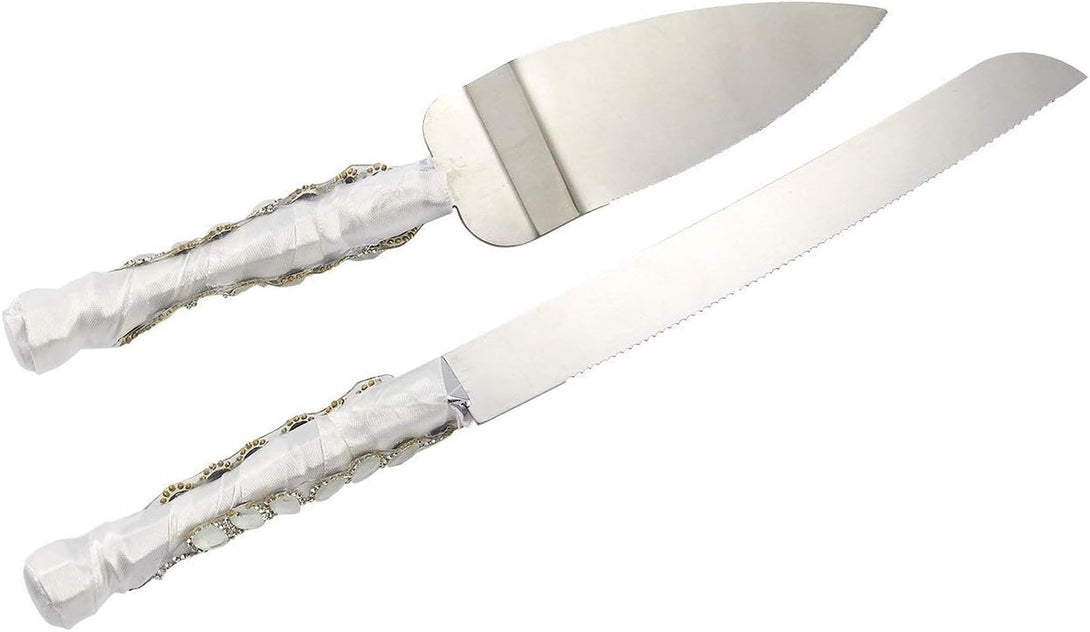 Juvale Stainless Steel Wedding Cake Knife and Server Set for Cake Cutting Ceremony, Embellished with Faux Crystals, Diamonds, Ribbon