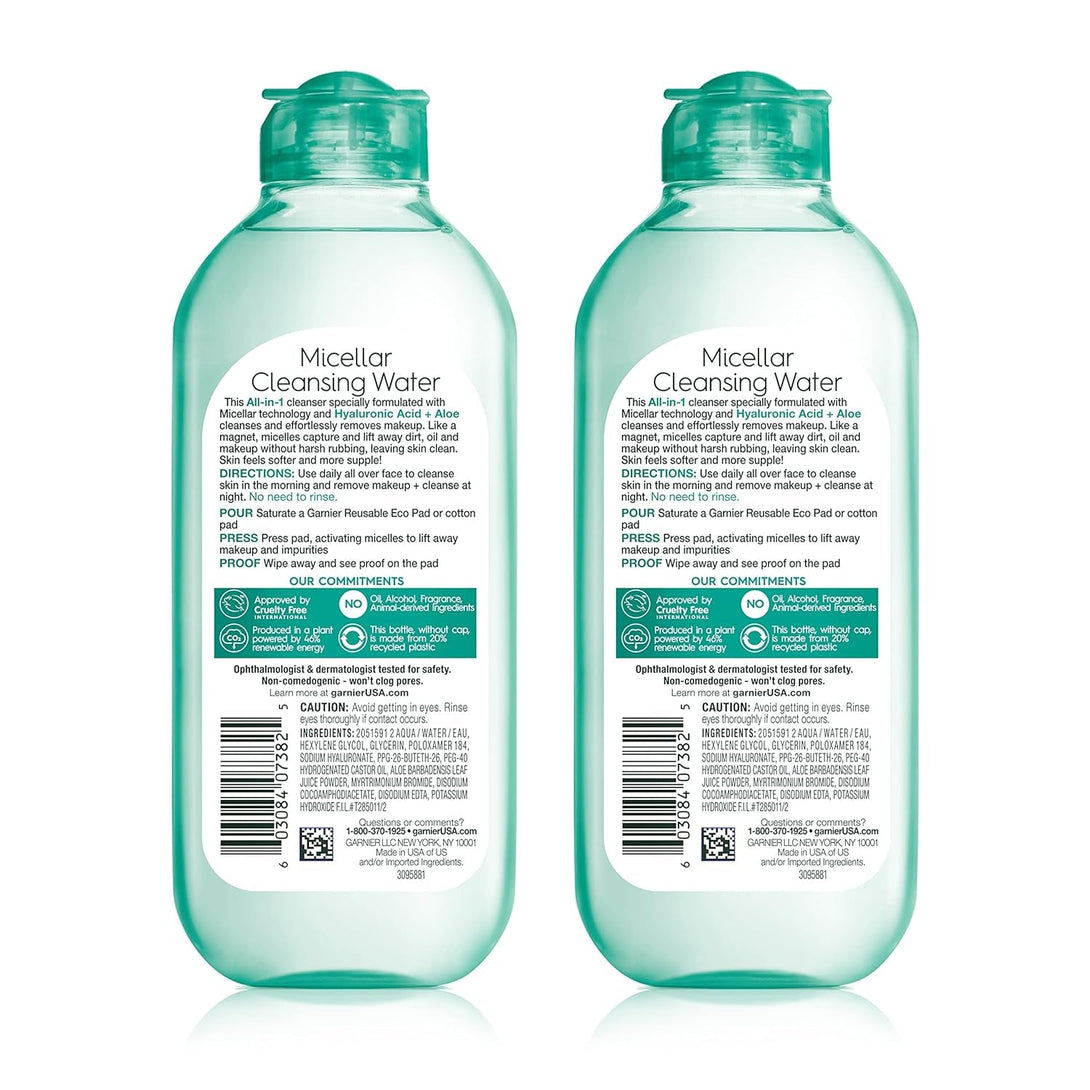 Garnier Micellar Water with Hyaluronic Acid, Facial Cleanser & Makeup Remover, Hydrating and Plumping, for All Skin Types, Vegan, Cruelty Free, 13.5 Fl Oz (400Ml), 2 Count