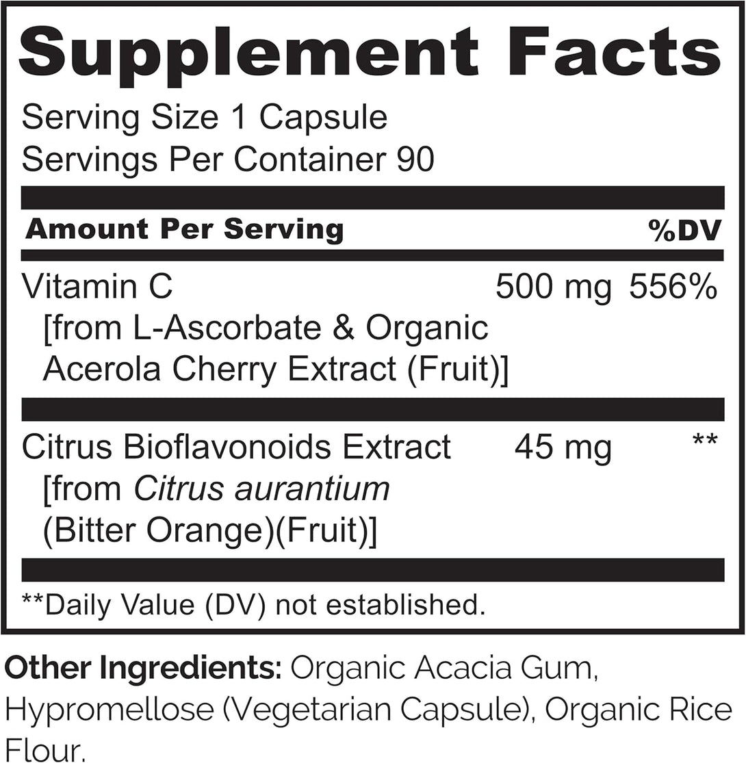 NATURELO Vitamin C with Organic Acerola Cherry Extract and Citrus Bioflavonoids - Vegan Supplement - Immune Support - 500 Mg VIT C per Cap - Non-Gmo - 90 Capsules