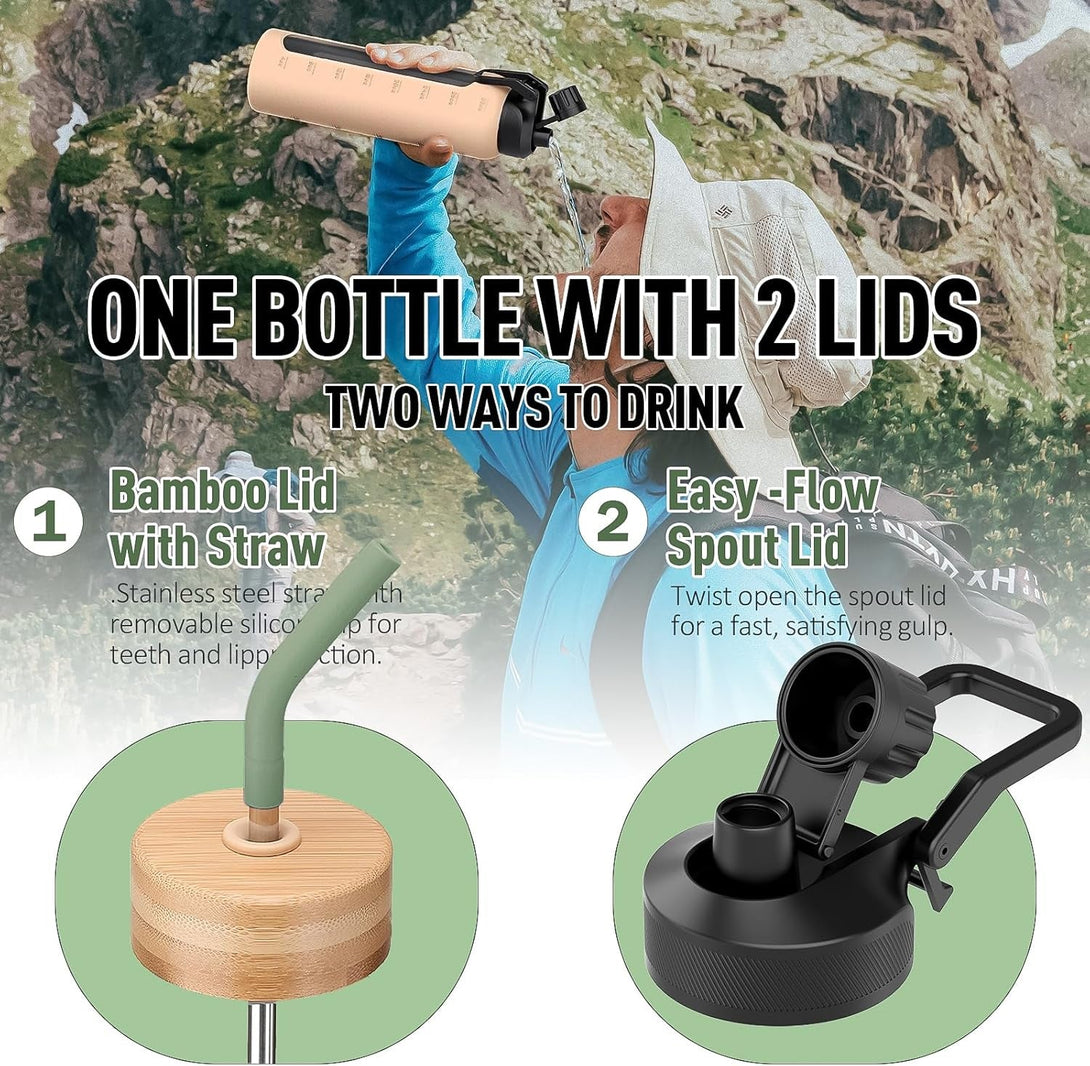 32Oz Glass Water Bottle with Straw and 2 Lids- Bamboo and Handle Spout Lid, Glass Drinking Bottles with Silicone Sleeve Motivational Time Marker for Gym, Sports,Cup Holder Friendly, Olive