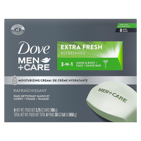 DOVE MEN + CARE 3 in 1 Bar Cleanser for Body, Face, and Shaving Extra Fresh Body and Facial Cleanser More Moisturizing than Bar Soap to Clean and Hydrate Skin 3.75 Ounce (Pack of 8)