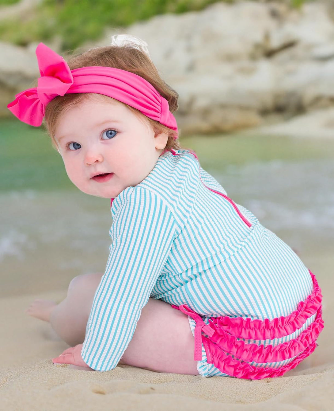 Rufflebutts Baby/Toddler Girls Seersucker Long Sleeve One Piece Rash Guard Swimsuit with UPF 50+ Sun Protection