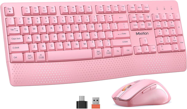 MEETION Wireless Keyboard and Mouse, Full-Sized Cordless Keyboard with Wrist Rest and 3 DPI Adjustable Mouse, 2.4G Wireless, Compatible with Pc/Computer/Laptop/Windows/Mac, Pink
