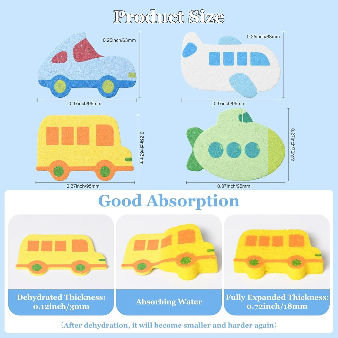 4 PCS Cartoon Car Bath Sponge for Kids,Transportation Cute Shape Compressed Cellulose Shower Sponges for Baby,Soft and Funny