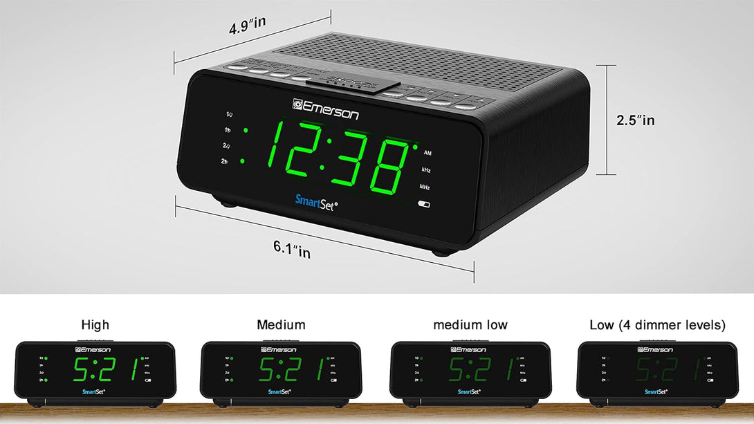 Emerson Smartset Dual Alarm Clock Radio with AM/FM Radio, Dimmer, Sleep Timer and .9" LED Display, CKS1900