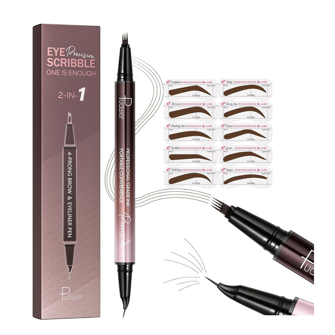 2-In-1 Curved Eyebrow Pen and Eyeliner with 10Pcs Brow Stencils, Microblading Eyebrow Pencil with 4 Fork-Tip and Curved Precise Tip, Waterproof and Long Lasting Eyebrow Pencils for Women, Dark Brown
