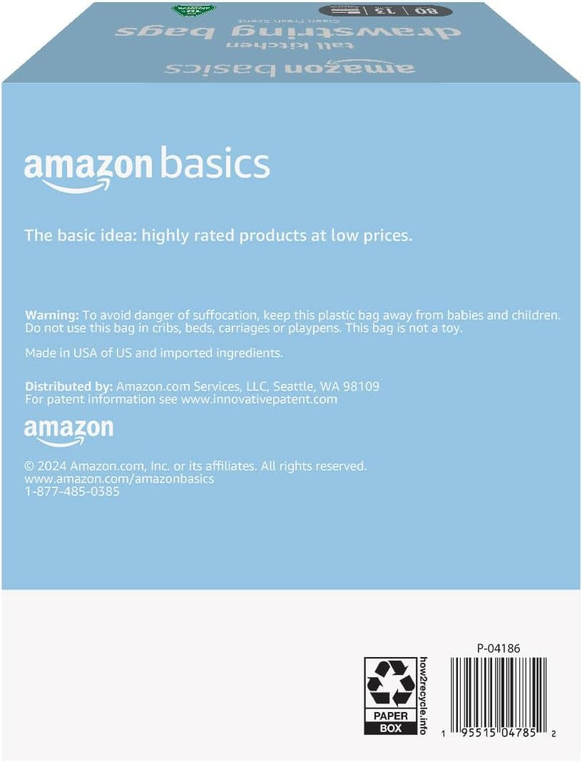 Amazon Basics 13 Gallon Tall Kitchen Drawstring Trash Bags, Clean Fresh Scent, 10% Post Consumer Recycled, 80 Count