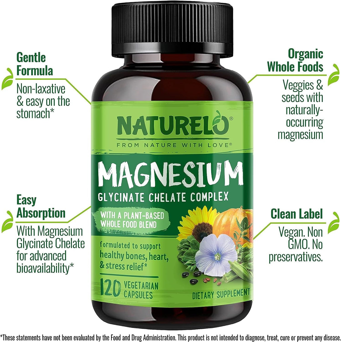 NATURELO Magnesium Glycinate Chelate Complex - 200 Mg Magnesium with Organic Vegetables to Support Sleep, Calm, Muscle Cramp & Stress Relief - Gluten Free, Non GMO - 120 Capsules