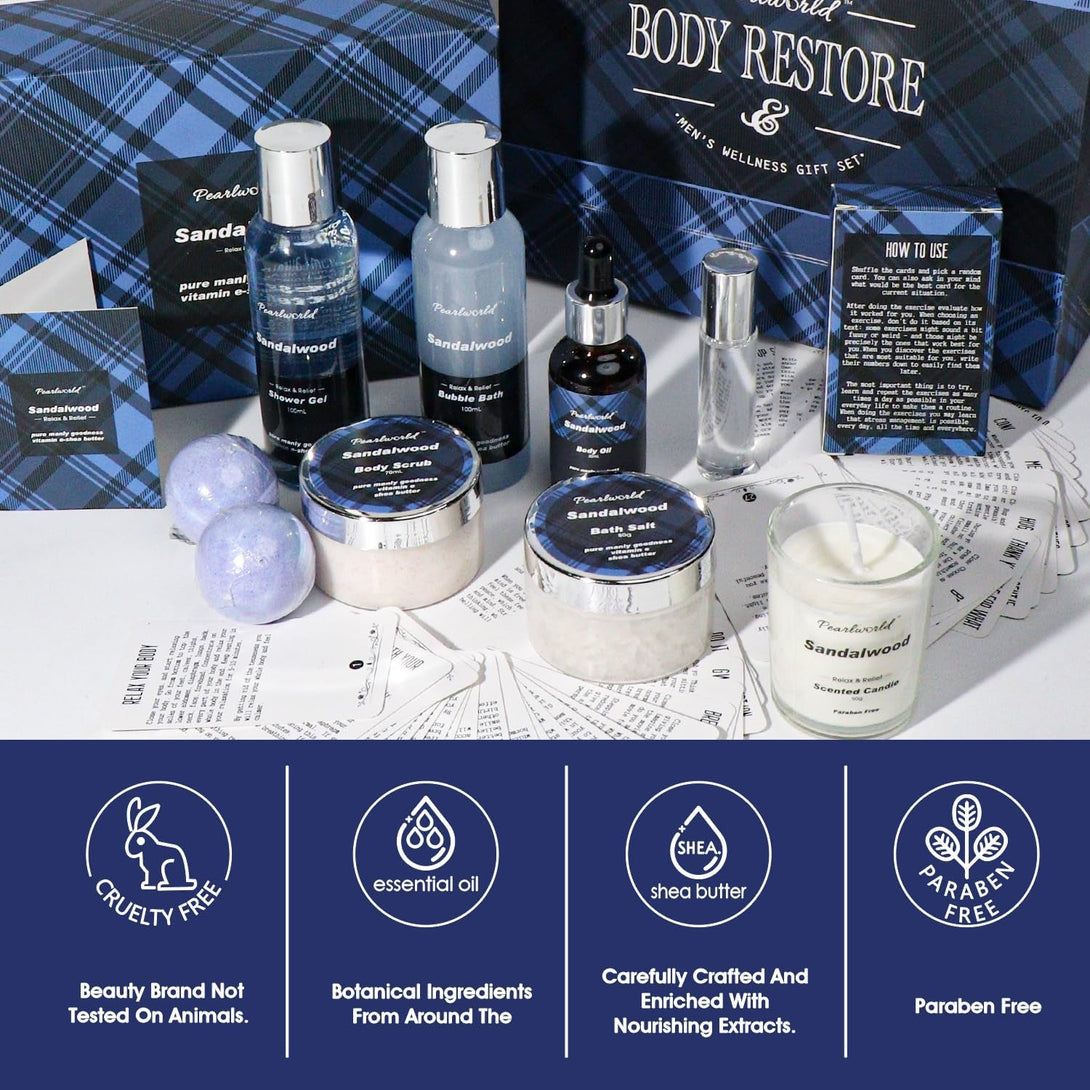 PEARLWORLD Bath Set with Ocean Scented Spa Gifts for Men, Christmas Birthday Self Skin Care Set for Men, Spa Gift Baskets for Him, 12Pcs Men'S Spa Kit Gifts for Bath Spa