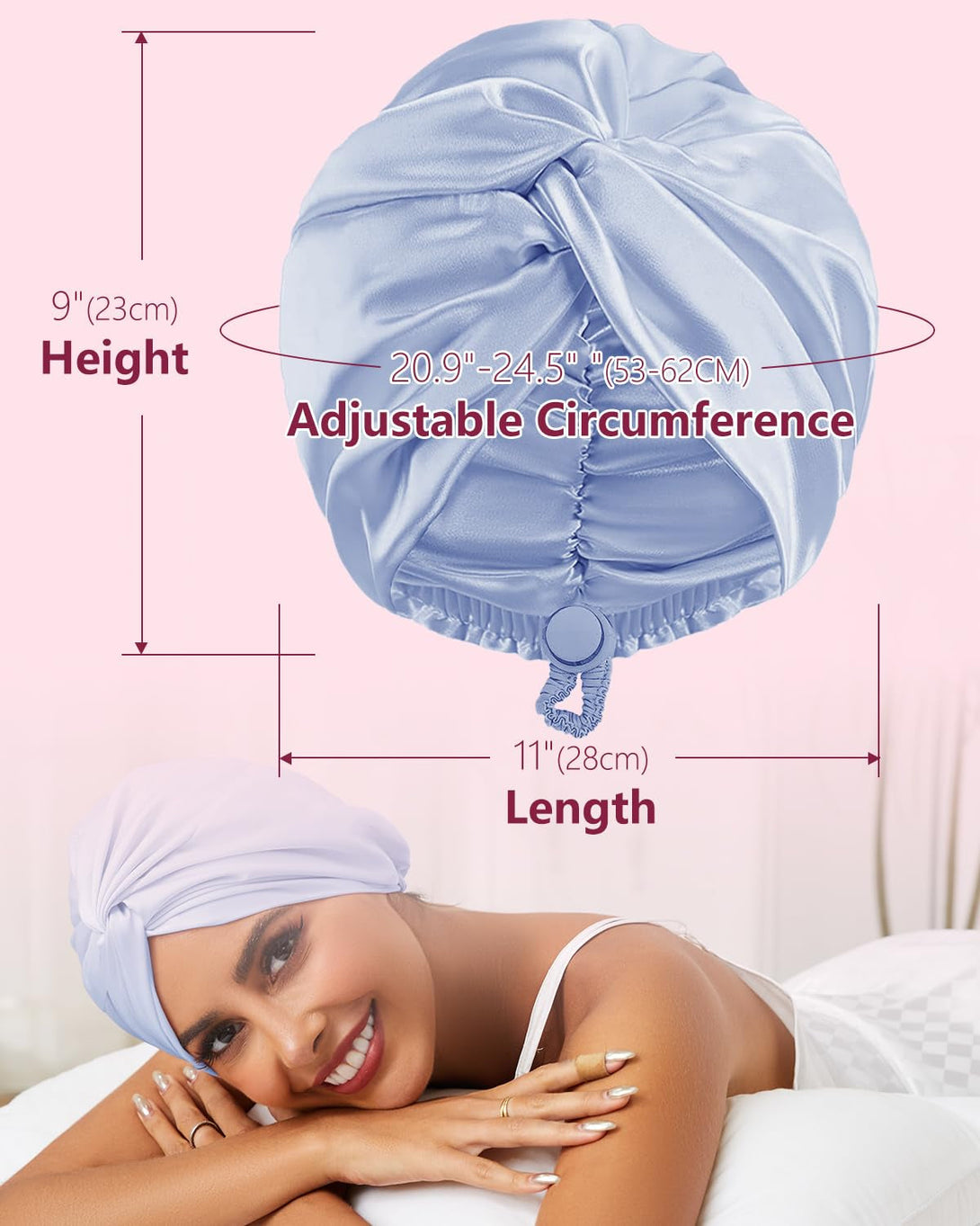 Adjustable Silk Satin Hair Bonnet for Sleeping, Double Layer Hair Wrap Sleep Cap Turban for Women Men, Curly Straight Long Large Braid Unisex (Misty Sky Blue 88)