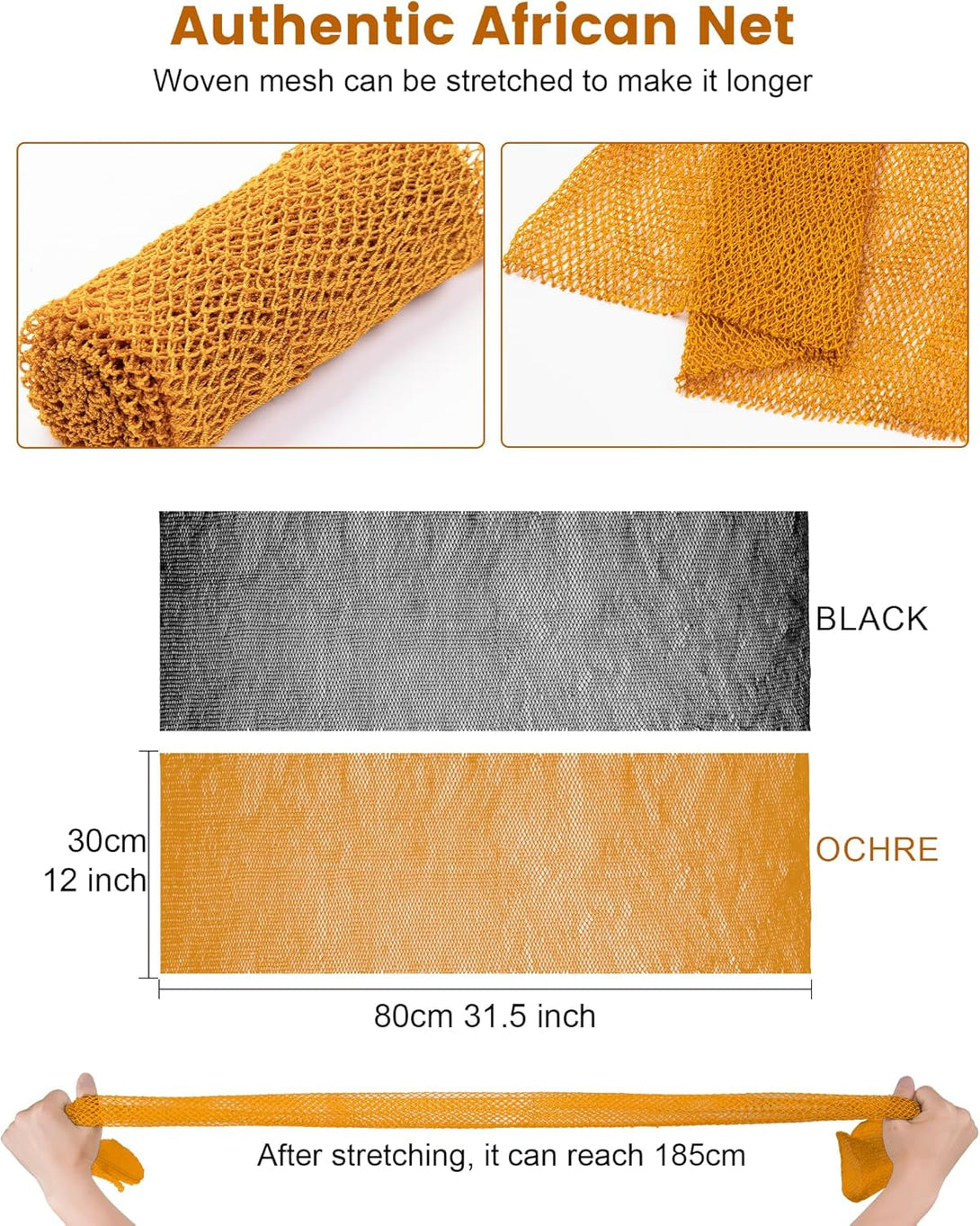 African Net Sponge 2 Pack, Back Scrubber for Shower, XL 80CM Exfoliating Washcloth, African Net Sponge Authentic, Body Scrubber Exfoliator Bath Accessories (Black,Ochre)