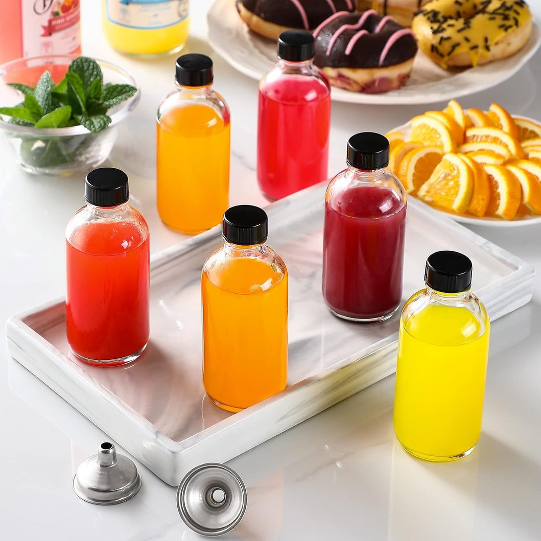 10 Pack, 4 Oz Small Clear Glass Bottles W/ Lids & 3 Stainless Steel Funnel - 120Ml Boston round Sample Bottle for Potion, Juice, Ginger Shot, Wellness, Oils, Whiskey, Liquids - Leakproof Travel Bottle