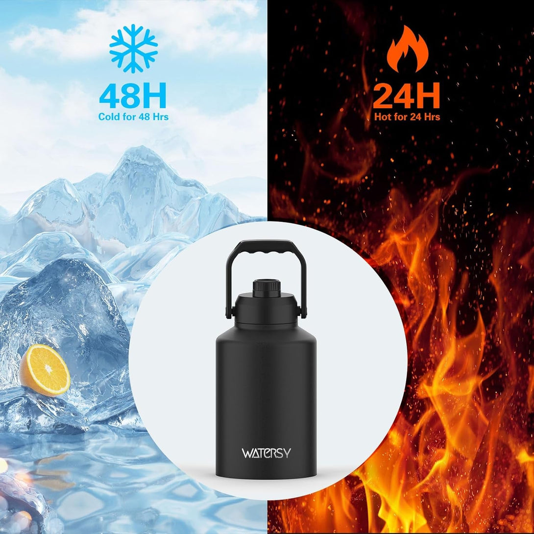 1 Gallon Water Bottle Insulated(Cold for 48 Hrs),Bpa Free&Leak Proof,128Oz Stainless Steel Water Jug,Big Thermo,Large Water Bottle with Handle for Gym,Hiking,Camping&Travel,Black