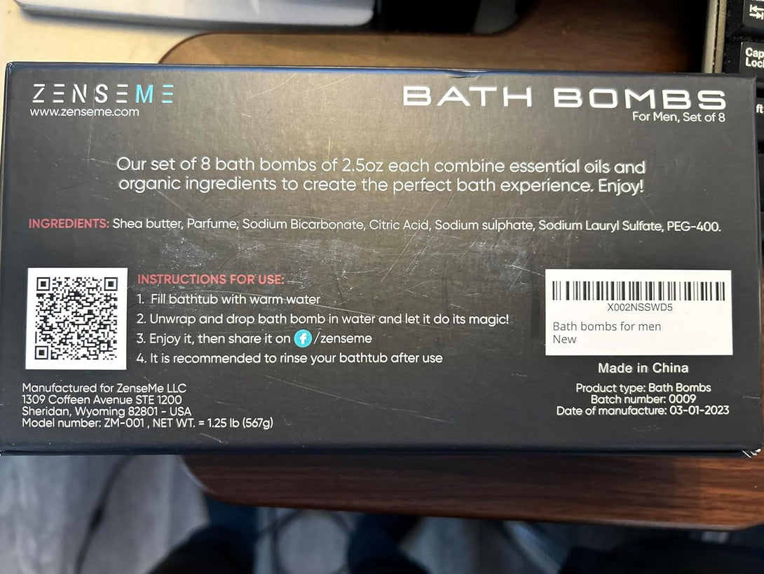 Bath Bombs for Men, Gift Set of 8 Scented Organic Handmade Bath Bombs of 2.5 Oz with Natural Essential Oils for Boyfriend, Husband, Father or Friend, by Zenseme