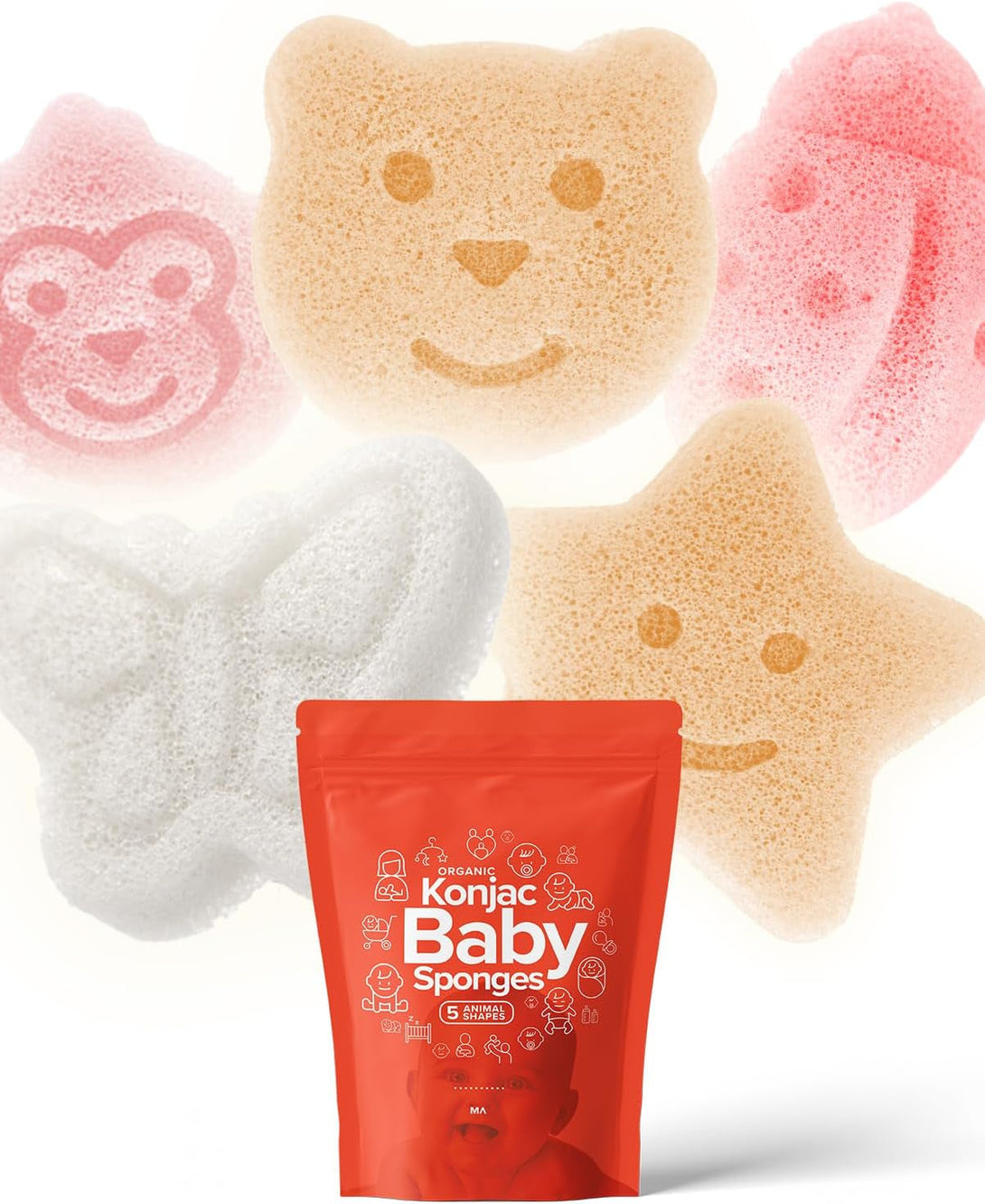 Konjac Baby Sponge for Bathing | Natural Cute Shapes | Kids Bath Sponges for Infants | Toddler Bath Time | Safe Organic Plant-Based | 5Pcs Set : Bear, Monkey, Butterfly, Ladybug, Star