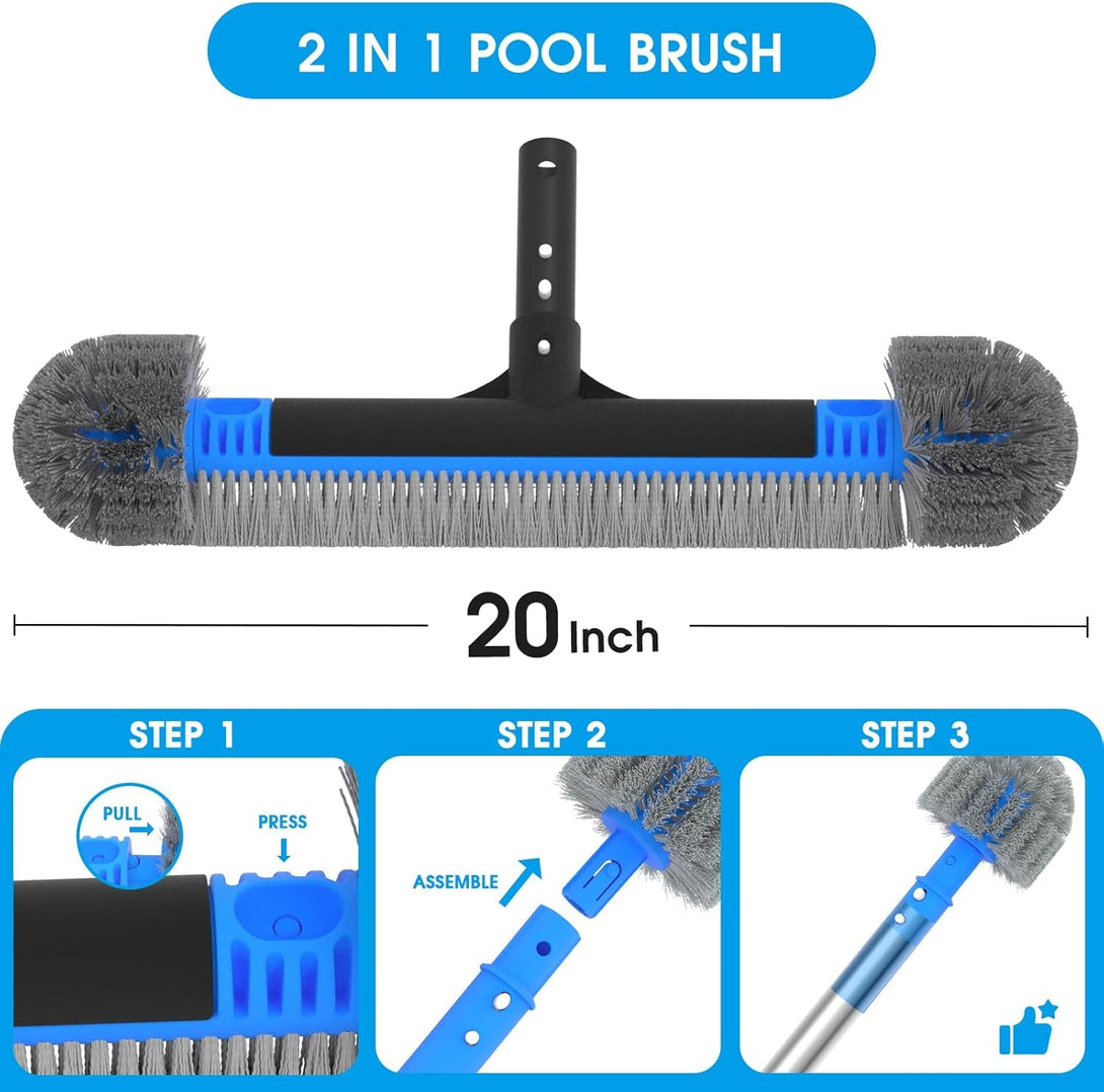 20'' 2 in 1 Pool Brush Head Cobweb Duster Heavy Duty Pool Cleaning Detachable round Brush with EZ Clip & Wavy Nylon Bristles for Inground Pool & Above-Ground Pool (Without Pole)