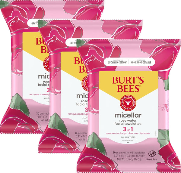 Burt'S Bees Rose Water Face Wipes, for All Skin Types, Hydrating Micellar Makeup Remover & Facial Cleansing Towelettes, 30 Ct (3-Pack)