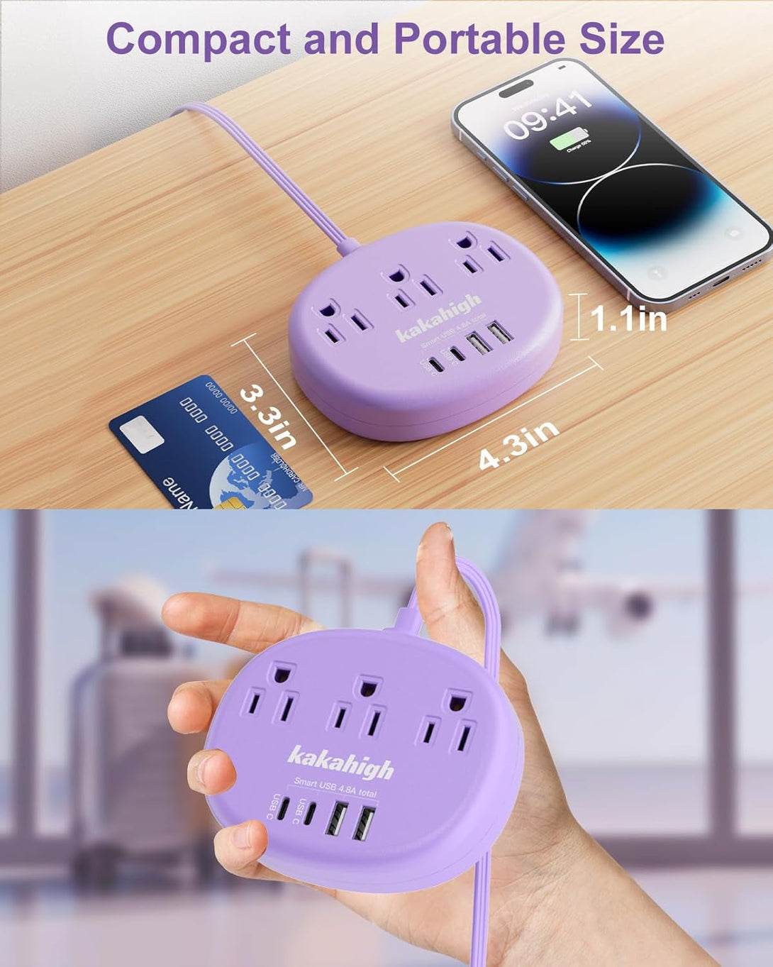Purple Extension Cord with Surge Protected 1080J - 5 FT Flat Extension Cord, 1625W Cute Extension Cord with 3 AC Outlet 4 USB (24W/4.8A), Compact for Cute Purple Kawaii Lavender Accessories