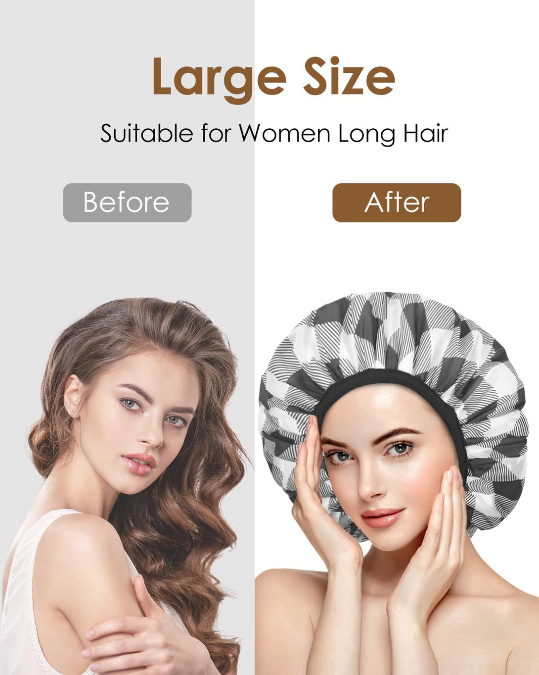 Auban Shower Cap, Shower Cap for Women Terry Cloth Lined EVA Exterior Reusable Double Layer Waterproof, Large Bath Hair Cap, Hotel Travel Essentials Accessories Cleaning Supplies (Checked)