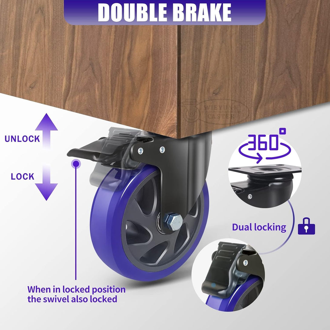 5 Inch Caster Wheels with Brake, Heavy Duty Casters Set of 4 2200Lbs, Swivel Casters with Double Ball Bearings, Dual Locking Casters,Wheels for Cart,Furniture,Cabinets,Workbench (Two Hardware Kits