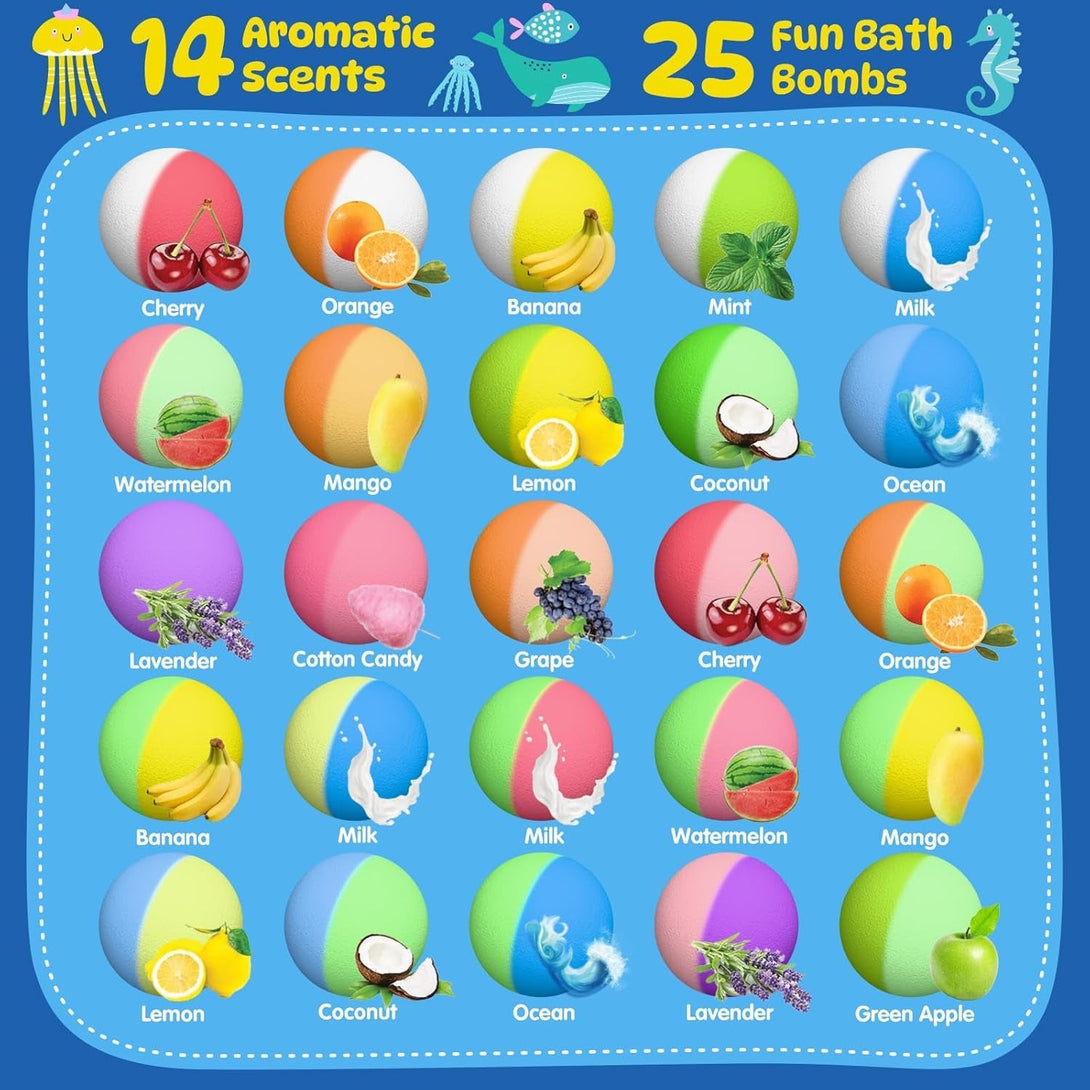 Bath Bombs for Kids with Surprise Toys Inside, 25 Pack Natural Bath Bombs with Glow in the Dark Sea & Land Animal Toys, Handmade Organic Safe Fizzy Salt Balls Gift Set for Boys Girls Toddlers