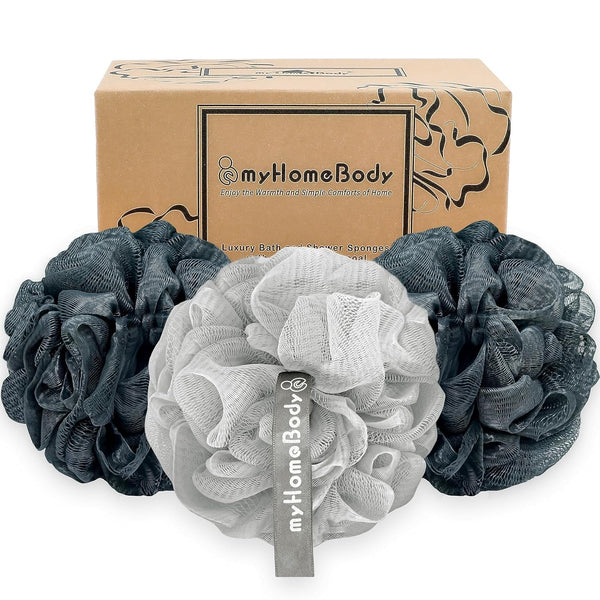 Myhomebody Large 70G Loofah Sponge, Body Scrubber, Bath Sponge, Loofah for Women, Men, Exfoliating Sponge Shower Pouf with Activated Charcoal - 3 Pack, 2 Midnight Blue + 1 Fog Gray