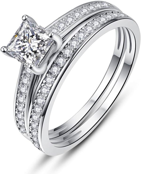 1.35Ct Princess Cut Engagement Ring 925 Sterling Silver Wedding Band Set for Women Cubic Zirconia Bridal Sets Size 5-10