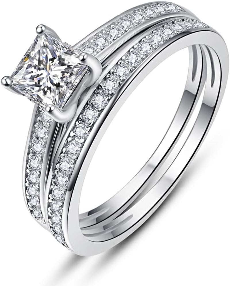 1.35Ct Princess Cut Engagement Ring 925 Sterling Silver Wedding Band Set for Women Cubic Zirconia Bridal Sets Size 5-10