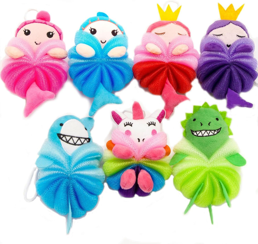 MURRI&MURRDI 4 Pcs Bath Loofah for Kids Bath Sponge, Lovely Animal Body Scrubber Kids Toddler Body Loofah Cute Cartoon Kids Bath Pouf Mesh Loofah Sponge for Children Shower 55G (4 Cartoon B)