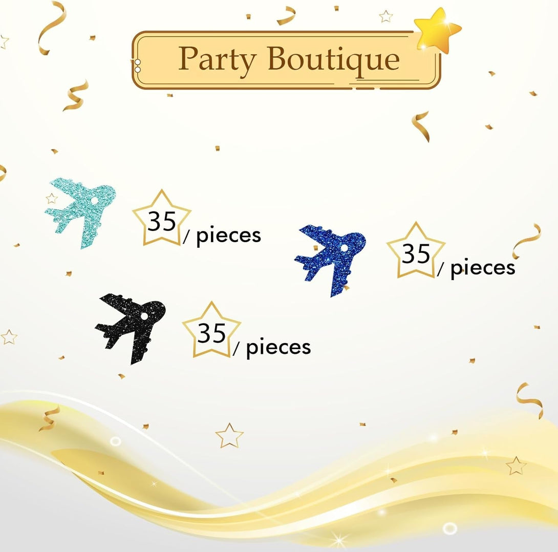 100Pcs Airplane Confetti, Blue&Black Glitter Plane Table Confetti, Boys Birthday Paper Scatters, Baby Shower/Retirement/Travel Theme Party Table Decoration