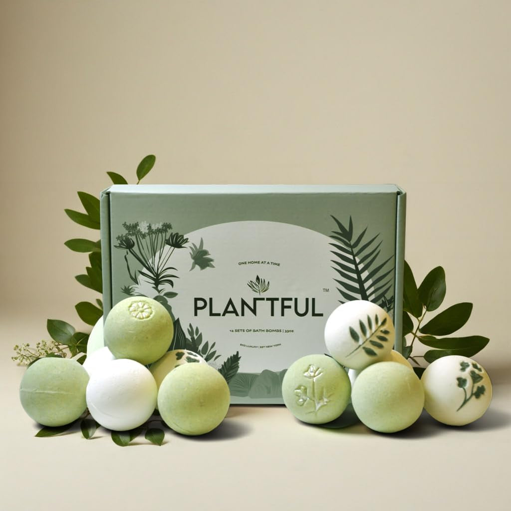 Plantful™ Organic Handmade Bath Bombs for Women, 12 Gift Sets, Large, Shea Butter Moisturizing, Essential Oils, Bubble Bath for Kids, Perfect Gifts for Women Men, Safe Bath Bombs for Kids