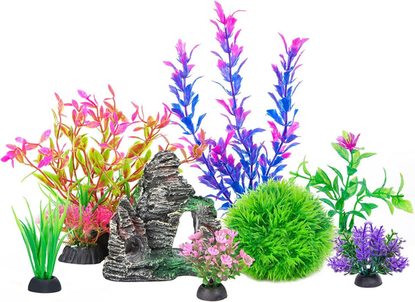 Ameliade Aquarium Artificial Plastic Plants Decorations and Rock Cave Decor Set Goldfish Betta Fish Tank Accessories Small Large Fish Bowl Ornaments