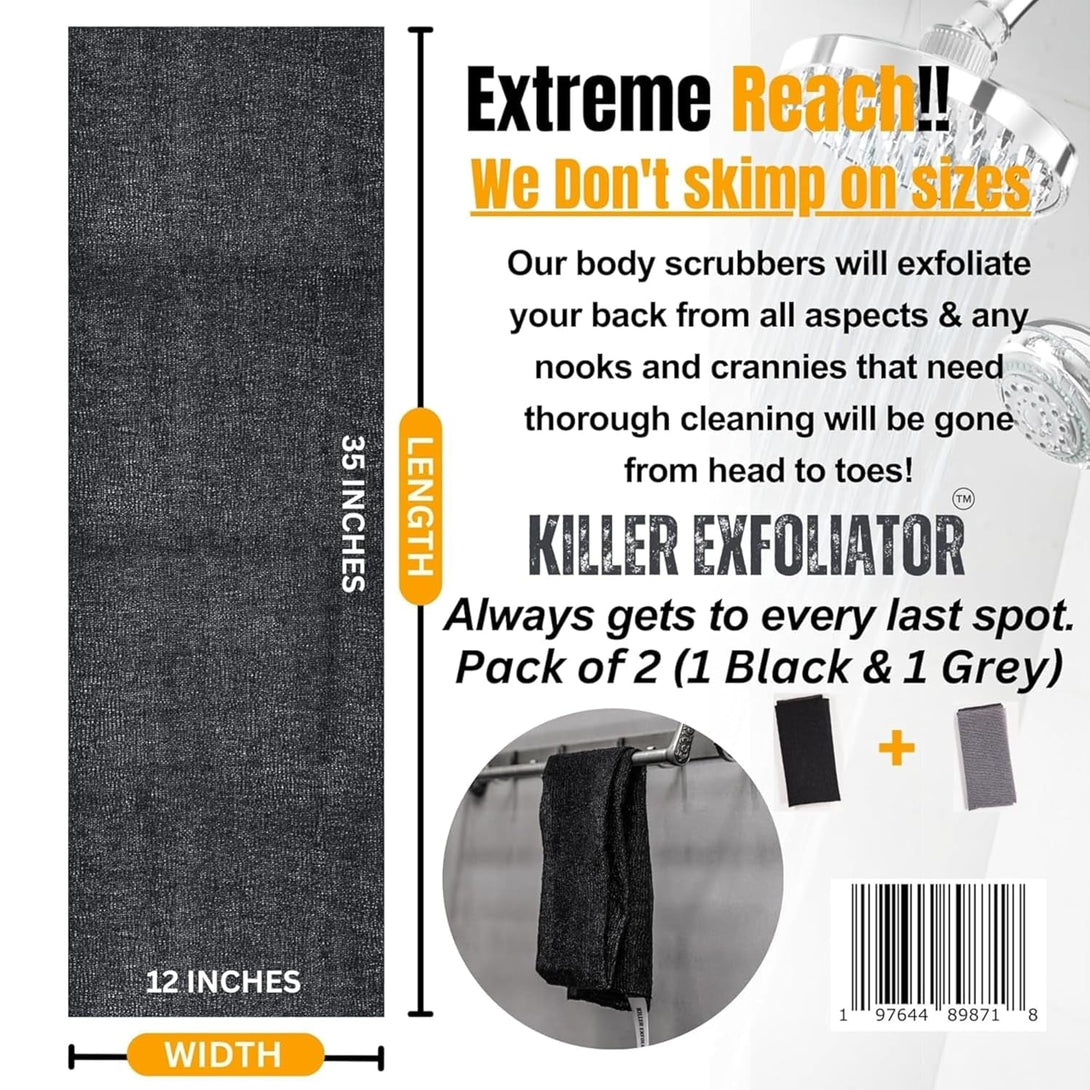 Extra Rough Exfoliating Washcloth-Extreme Body & Back Scrubber for Shower, Extra Long, Hygienic Rough Exfoliator, Men & Women, 2 Count Pack, Black & Grey, Killer Exfoliator