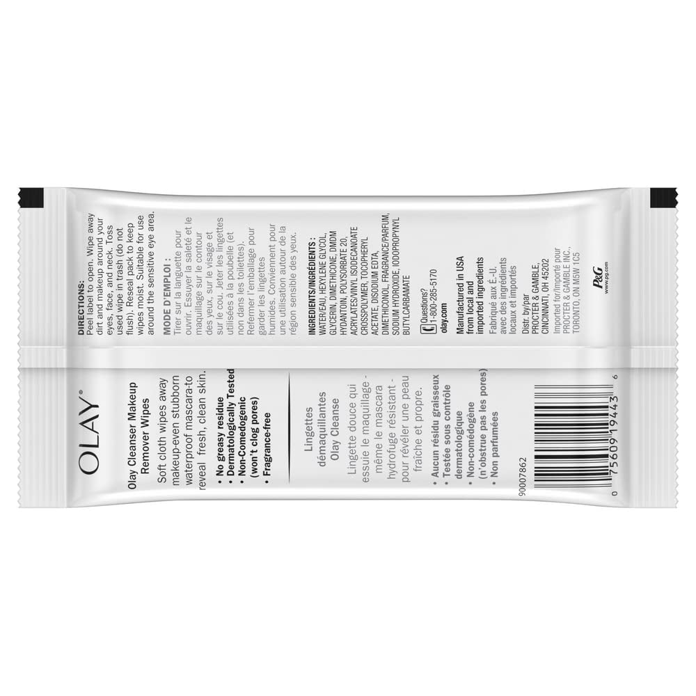 Olay Cleanse Makeup Remover Wipes, Fragrance Free, 25 Count