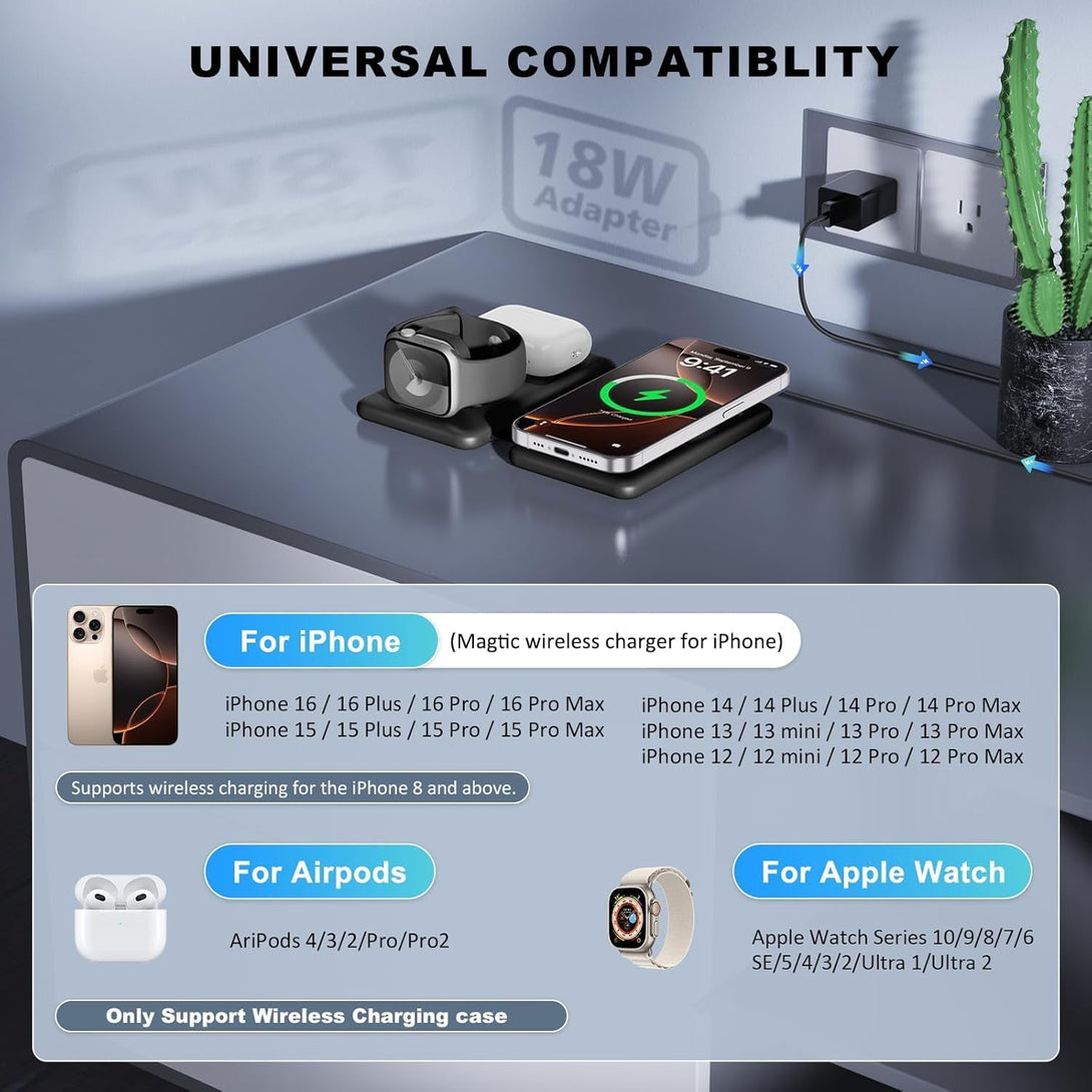 3 in 1 Charging Station for Apple,Travel Charger for Multiple Devices for Iphone,Foldable Magnetic Charger for Iphone 16 15 14 13 12 Pro Max&Airpods 4/3/Pro/Pro 2&Apple Watch（Black）