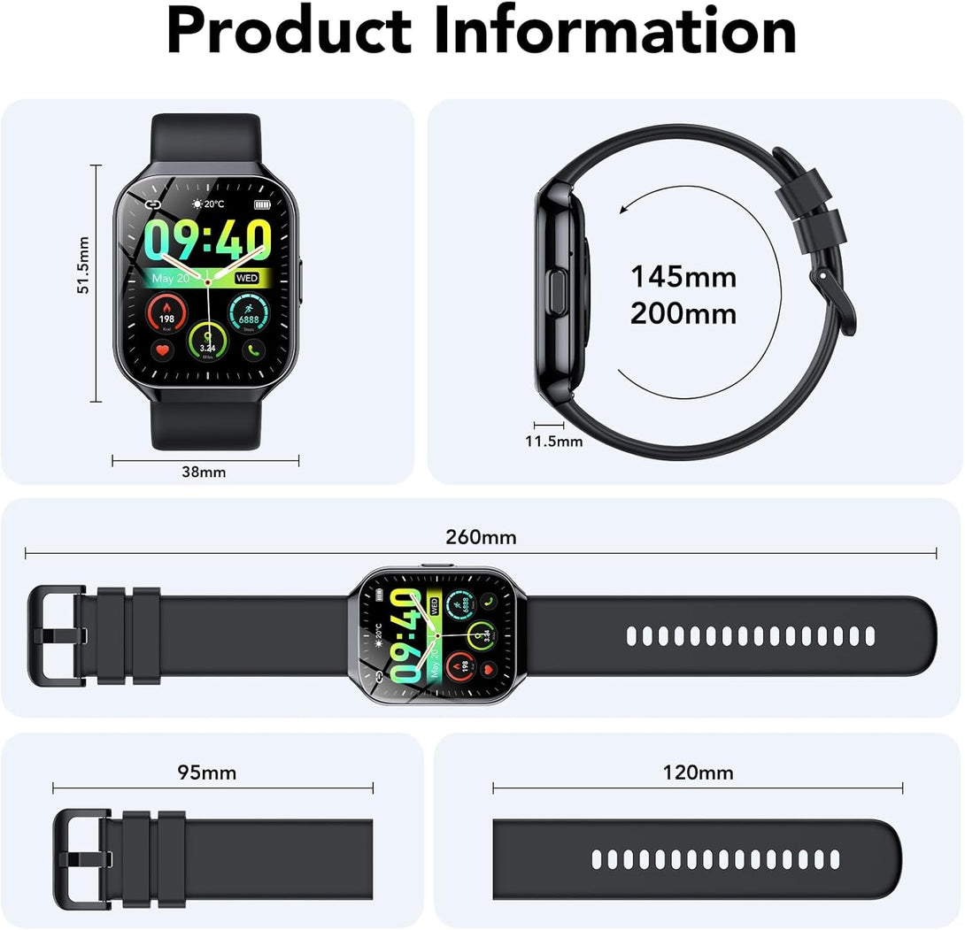 Smart Watch for Men Women, 1.96" Smartwatch (Answer/Make Call), IP68 Waterproof Fitness Tracker, 112+ Sport Modes, Heart Rate and Sleep Monitor, Pedometer, Smartwatches for Android Ios, Black​