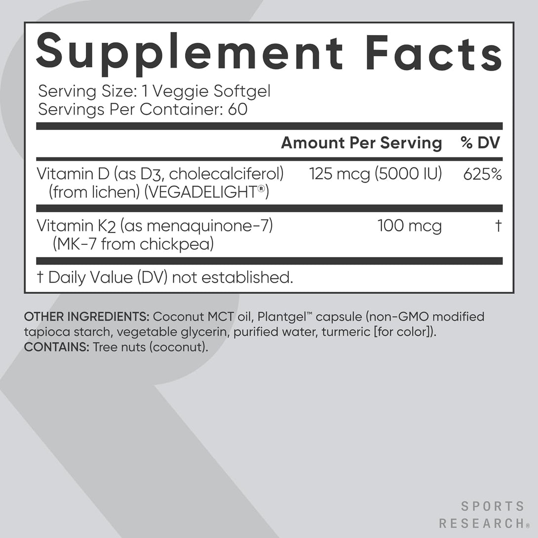 Sports Research® Vegan D3 5000Iu with Vitamin K2 100Mg - Formulated with Coconut MCT Oil - Vegan Certified, Soy & Gluten Free - 60 Softgels
