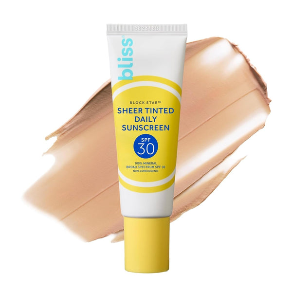 Bliss Block Star SPF 30 Daily Tinted Sunscreen with Zinc Oxide, Sunscreen & Makeup Primer- All Skin Tones - 100% Mineral Broad Spectrum Sunscreen with Titanium Dioxide & Antioxidant Blend,- 1.4 Fl Oz.