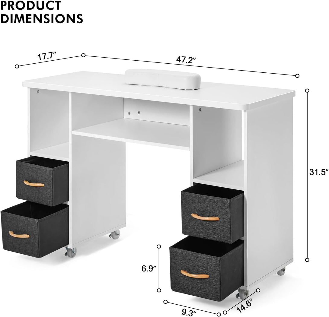 Artist Hand Nail Table, Manicure Table, Nail Tech Table Station, Wrist Cushion, Lockable Wheels, Fabric Storage Drawers, Wooden Handle, White