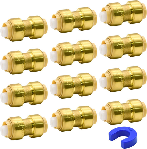 2/6/12 Pack Push-To-Connect Plumbing Fittings, Pushfit Straight/Elbow/Tee Fittings with Disconnect Clip for Copper, PEX, CPVC Pipe (1/2" Straight, 12)
