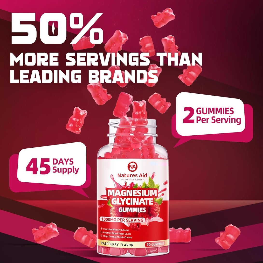 Magnesium Glycinate Gummies 1000Mg - Sugar Free Magnesium Potassium Supplement with Vitamin D, B6, Coq10 for Calm Mood & Sleep Support - 180 Raspberry Gummies.