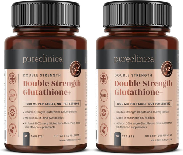 Pureclinica Double Strength Glutathione 500Mg X 60 Tablets - 2 Bottles (120 Tablets). 500Mg Reduced Glutathione, 300Mg Vitamin C, 200Mg Alpha Lipoic Acid. 200% Stronger than Regular Glutathione.