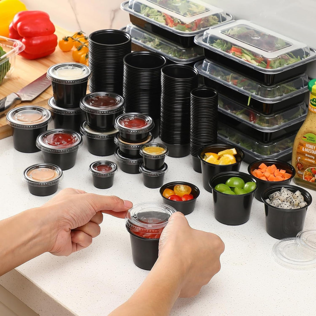AOZITA 200-2 Oz Black Jello Shot Cups, Portion Cups, Small Plastic Containers with Lids, Airtight Souffle Cups, Salad Dressing Container, Sauce Cups, Condiment Cups for Lunch, Party to Go, Trips